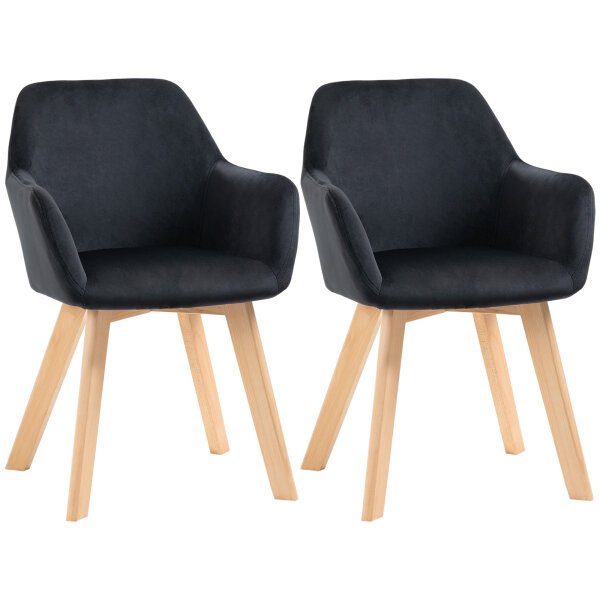 Esszimmerstühle, 2er-Set, modernes Design, Samtoptik, Kautschukbaumholz, 54x57x80 cm, Schwarz