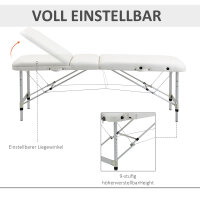 Mobile Massageliege 3 Zonen Klappbar Massagetisch mit Kopfstütze Armlehne Tragetasche höhenverstellbare Aluminium Massagebett tragbar inkl. Zubehör Massagebank bis 225 kg Belast Weiß