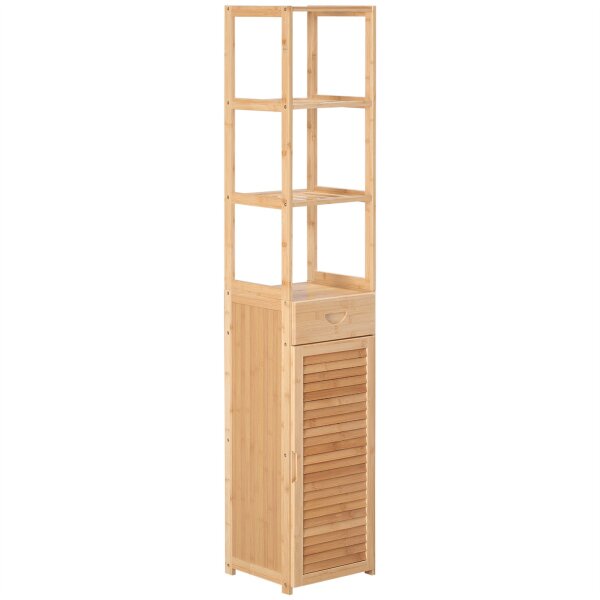 Badezimmerregal, 3 offene Fächer, Schublade, Lamellentür, Bambus, 32 x 30 x 163 cm