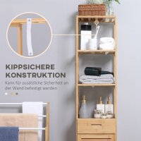 Badezimmerregal, 3 offene Fächer, Schublade, Lamellentür, Bambus, 32 x 30 x 163 cm