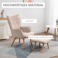 Akzentsessel mit Hocker, Relaxsessel in Cord-Optik, Armlehnstuhl mit Holzbeinen, für Wohnzimmer, Beige