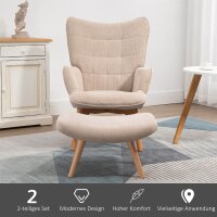 Akzentsessel mit Hocker, Relaxsessel in Cord-Optik, Armlehnstuhl mit Holzbeinen, für Wohnzimmer, Beige