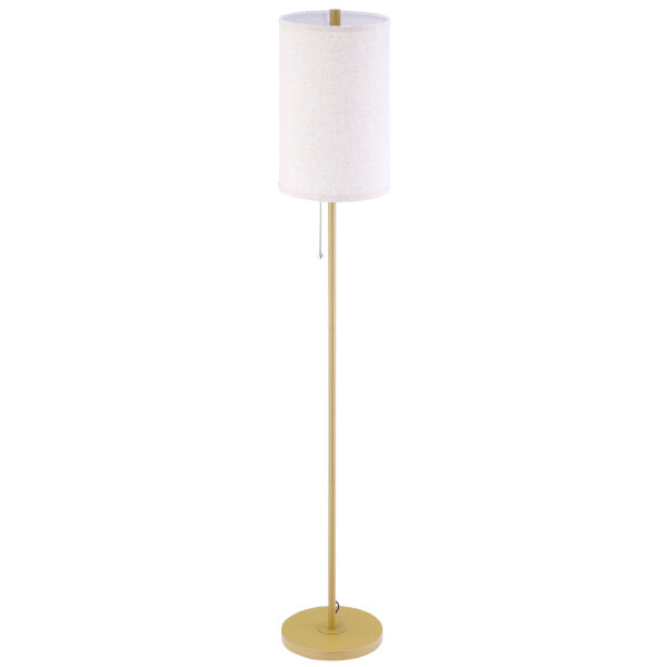 Stehlampe, Elegante Stehleuchte aus Stahl mit Stoffschirm, Wohnzimmerlampe, Zugkettenschalter, Gold+Weiß