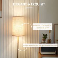 Stehlampe, Elegante Stehleuchte aus Stahl mit Stoffschirm, Wohnzimmerlampe, Zugkettenschalter, Gold+Weiß