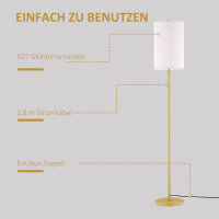 Stehlampe, Elegante Stehleuchte aus Stahl mit Stoffschirm, Wohnzimmerlampe, Zugkettenschalter, Gold+Weiß