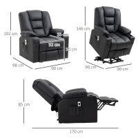 Relaxsessel mit Aufstehhilfe, USB, Massagefunktion, Kunstleder, bis 150 kg, 90x98x102 cm, Schwarz