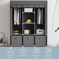 Stoffschrank aus Vlies, Faltschrank, inkl. 3 Schubladen, 125 cm x 43 cm x 162,5 cm, Grau