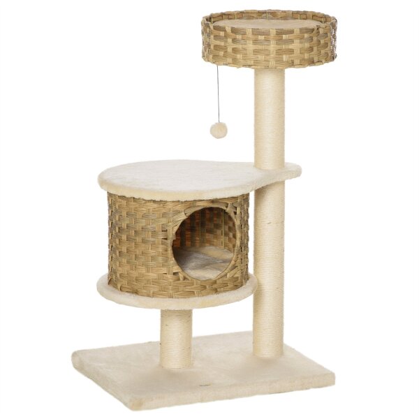 Kratzbaum Rattan 95 cm Höhe 3-Stufiger Katzenbaum mit Platform, Katzenbett, Kletterbaum mit Katzenhöhle Sisalstämmen Spielbälle Katzenmöbel Sisal Natur+Beige
