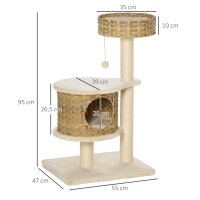 Kratzbaum Rattan 95 cm Höhe 3-Stufiger Katzenbaum mit Platform, Katzenbett, Kletterbaum mit Katzenhöhle Sisalstämmen Spielbälle Katzenmöbel Sisal Natur+Beige