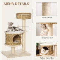 Kratzbaum Rattan 95 cm Höhe 3-Stufiger Katzenbaum mit Platform, Katzenbett, Kletterbaum mit Katzenhöhle Sisalstämmen Spielbälle Katzenmöbel Sisal Natur+Beige