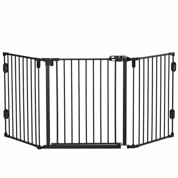 Hunde Absperrgitter Türschutzgitter Haustierschutzgitter verstellbar klappbar Kamingitter mit automatische schließenden Tür 3 Paneele für Ofen Wandmontage/Freistehend Schwarz 202,5 x 76 cm