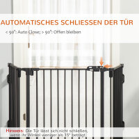 Hunde Absperrgitter Türschutzgitter Haustierschutzgitter verstellbar klappbar Kamingitter mit automatische schließenden Tür 3 Paneele für Ofen Wandmontage/Freistehend Schwarz 202,5 x 76 cm