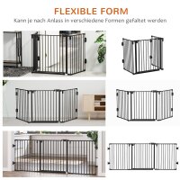 Hunde Absperrgitter Türschutzgitter Haustierschutzgitter verstellbar klappbar Kamingitter mit automatische schließenden Tür 3 Paneele für Ofen Wandmontage/Freistehend Schwarz 202,5 x 76 cm