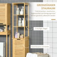 Badschrank, Hochschrank, drei Regalböden, ein Schrankfach mit Lamellentür, Kippschutz, Bambus, 34 x 30 x 173cm