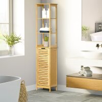Badschrank, Hochschrank, drei Regalböden, ein Schrankfach mit Lamellentür, Kippschutz, Bambus, 34 x 30 x 173cm