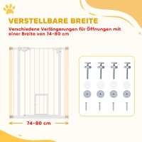 Türgitter mit Katzenklappe, Montage ohne Bohren, variable Breite 74-80 cm, einhändiges Öffnen, Metall, Weiß