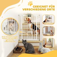 Türgitter mit Katzenklappe, Montage ohne Bohren, variable Breite 74-80 cm, einhändiges Öffnen, Metall, Weiß