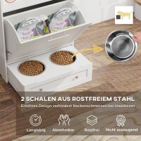 Futterstation für Haustiere, Aufbewahrungsschrank für Haustierbedarf, mit Futterschüsseln, Haken für Leinen, MDF, Weiß