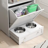 Futterstation für Haustiere, Aufbewahrungsschrank für Haustierbedarf, mit Futterschüsseln, Haken für Leinen, MDF, Weiß