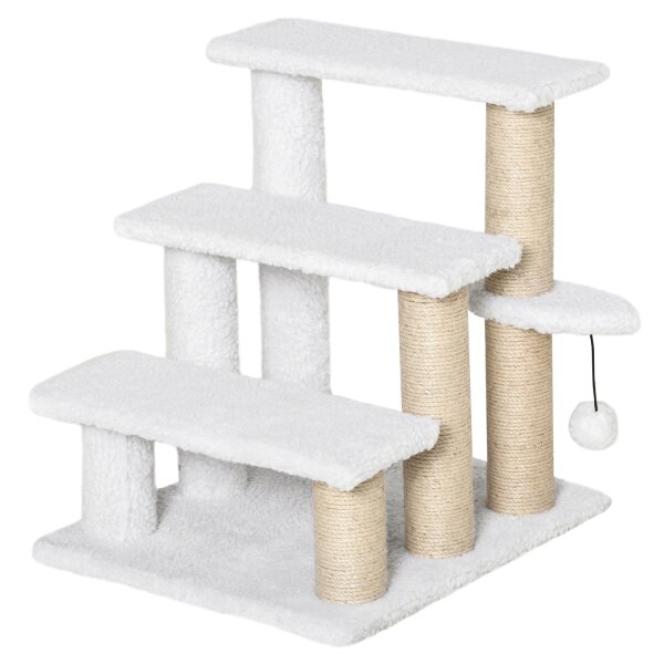 Katzentreppe 3-stufige Haustiertreppe mit Kratzsäulen Ball Hundetreppe Tiertreppe für Katzen bis 5 kg Plüsch Jute Weiß 45 x 40 x 48 cm