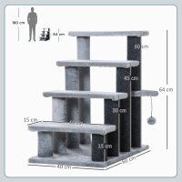 Katzentreppe 4-stufige Haustiertreppe mit Kratzsäulen Ball Hundetreppe Tiertreppe für Katzen bis 5 kg Plüsch Jute Grau 60 x 40 x 64 cm