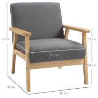 Sessel im Skandi-Design, Akzentsessel, Massivholz, Leinenoptik, 64 cm x 70 cm x 72 cm, Grau + Natur