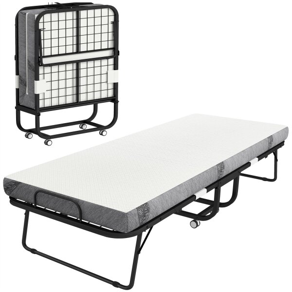 Klappbett 80x200 cm Erwachsene Gästebett Klappbar mit 10cm Dicker Schaumstoff Reisebett mit Stahlrahmen Feldbett mit Rollen bis 150 kg belastbar Einzelbett