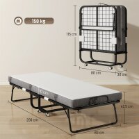Klappbett 80x200 cm Erwachsene Gästebett Klappbar mit 10cm Dicker Schaumstoff Reisebett mit Stahlrahmen Feldbett mit Rollen bis 150 kg belastbar Einzelbett