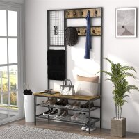 Garderobe im Industriedesign, 1 Memoboard, 1 Schuhbank, 8 Kleiderhaken, 1 Aufbewahrungstasche, Schwarz + Braun