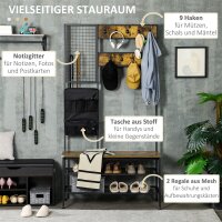 Garderobe im Industriedesign, 1 Memoboard, 1 Schuhbank, 8 Kleiderhaken, 1 Aufbewahrungstasche, Schwarz + Braun