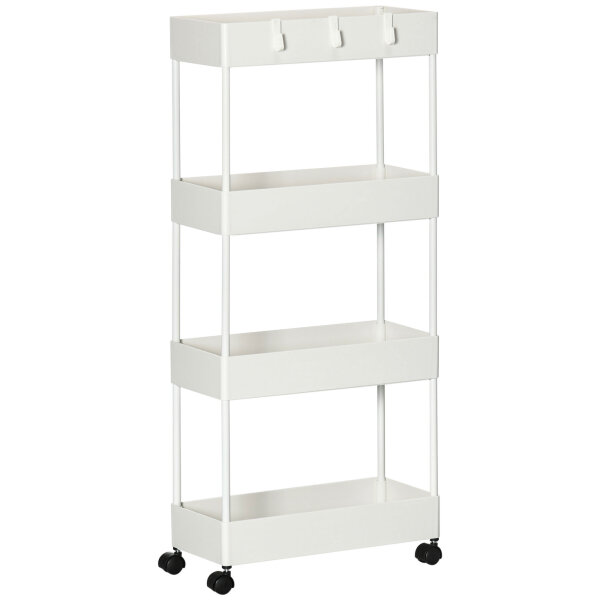 Küchenwagen mit 4 Regalen, 4 flexiblen Haken, 4 Rollen, 40 cm x 19 cm x 90 cm, Nischenwagen, Weiß