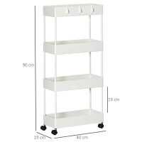 Küchenwagen mit 4 Regalen, 4 flexiblen Haken, 4 Rollen, 40 cm x 19 cm x 90 cm, Nischenwagen, Weiß