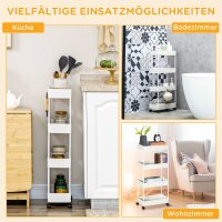Küchenwagen mit 4 Regalen, 4 flexiblen Haken, 4 Rollen, 40 cm x 19 cm x 90 cm, Nischenwagen, Weiß