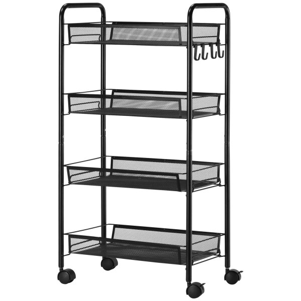 Rollwagen mit 4 Hängekörben, Servierwagen auf Rollen, fahrbar, abnehmbare Haken, Stahl, 45 x 26,5 x 84 cm, Schwarz