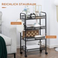 Rollwagen mit 4 Hängekörben, Servierwagen auf Rollen, fahrbar, abnehmbare Haken, Stahl, 45 x 26,5 x 84 cm, Schwarz