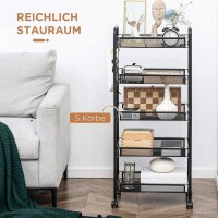 Küchenwagen mit 5 Drahtkörben, 4 Haken, 4 Rollen, 2 Griffe, Stahl/Kunststoff, 45x26,5x106 cm, Weiß