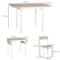 2-teilige Sitzgruppe, Klappbarer Esstisch mit 2 Stühlen, Klapptisch, 110 cm x 70 cm x 75 cm, Weiß + Natur