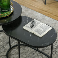 2er-Set Couchtisch, Ovaler und runder Kaffeetisch, stapelbar, Marmoroptik, MDF, Metall, Ø50 x 50,5H cm, Schwarz
