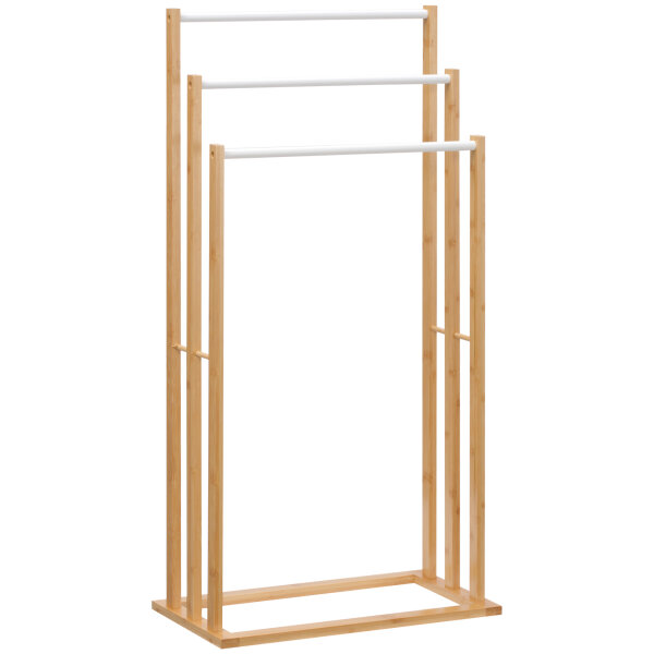 Handtuschständer aus Bambus. 3-teiliges Design, 3 Handtuchstangen 48 cm x 25,8 cm x 94 cm, Natur + Weiß