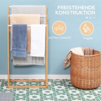 Handtuschständer aus Bambus. 3-teiliges Design, 3 Handtuchstangen 48 cm x 25,8 cm x 94 cm, Natur + Weiß