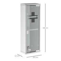 Medizinschrank aus Edelstahl und gehärtete Glastür Arzneischrank zur Medikamenten-Aufbewahrung, Abschließbar Medikamentenschrank mit 3 Fächern, Erste Hilfe Schrank, 20 x 12 x 58 cm, Silber