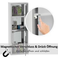 Medizinschrank aus Edelstahl und gehärtete Glastür Arzneischrank zur Medikamenten-Aufbewahrung, Abschließbar Medikamentenschrank mit 3 Fächern, Erste Hilfe Schrank, 20 x 12 x 58 cm, Silber