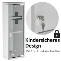 Medizinschrank aus Edelstahl und gehärtete Glastür Arzneischrank zur Medikamenten-Aufbewahrung, Abschließbar Medikamentenschrank mit 3 Fächern, Erste Hilfe Schrank, 20 x 12 x 58 cm, Silber