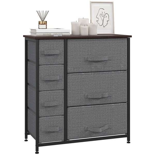 Kommode mit 7 faltbaren Stoffschubladen, Vlies, Metallgestell, 63,5 x 30 x 71 cm, Dunkelgrau