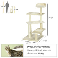 Kratzbaum 100 cm Katzenturm mit Sisalstämme, große Plattform, mehrstöckiger Katzenkratzbaum, Kletterbaum, für kleine & mittelgroße Katzen, Beige