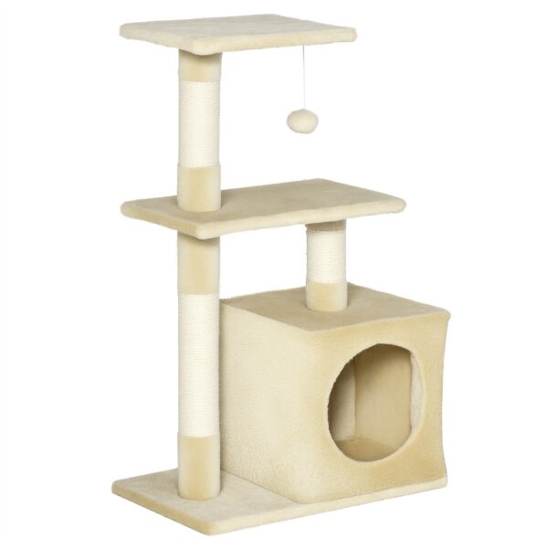 Kratzbaum 81,5 cm Katzenbaum mit Katzenhöhle, Plattformen, Katzenkratzbaum mit Sisal-Kratzsäulen, Spielball, für Katzen bis 4,5 kg, Beige