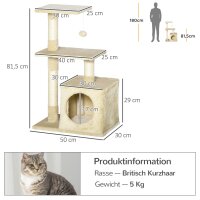 Kratzbaum 81,5 cm Katzenbaum mit Katzenhöhle, Plattformen, Katzenkratzbaum mit Sisal-Kratzsäulen, Spielball, für Katzen bis 4,5 kg, Beige