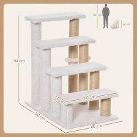 Katzentreppe 4-stufige Haustiertreppe mit Kratzsäulen Ball Hundetreppe Tiertreppe für Katzen bis 5 kg Plüsch Jute Weiß 60 x 40 x 64 cm