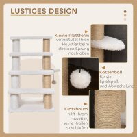 Katzentreppe 4-stufige Haustiertreppe mit Kratzsäulen Ball Hundetreppe Tiertreppe für Katzen bis 5 kg Plüsch Jute Weiß 60 x 40 x 64 cm