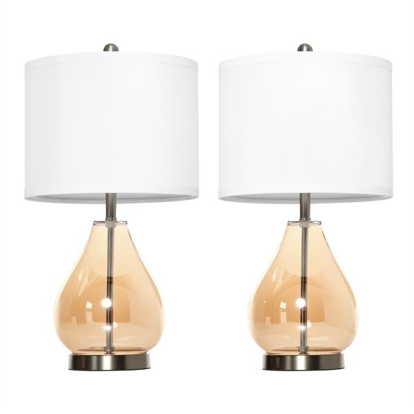 Tischlampe 2er-Set Tischleuchte mit Leinen-Lampenschirm, Glas tropfenförmigen Stangen, Nachttischlampe mit E27-Fassung, für Schlafzimmer, Wohnzimmer, Weiß